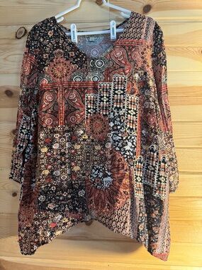 ONE WORLD Boho Patchwork V-Neck Tunic in Black & Rust
